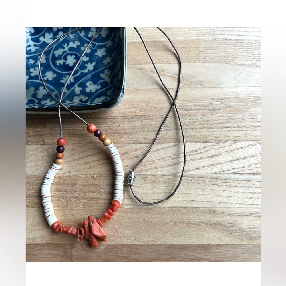 Vintage liquid silver shell coral and wood beaded boho style necklace